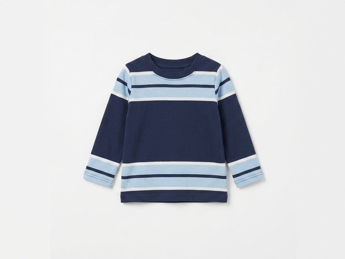 Navy & Sky Blue Striped Full-Sleeve Cotton Tee