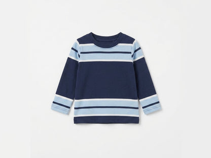 Navy & Sky Blue Striped Full-Sleeve Cotton Tee