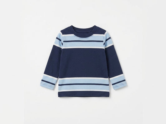 Navy & Sky Blue Striped Full-Sleeve Cotton Tee