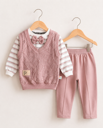 Toddler Dusty Pink 3-Piece Sweater Vest & Striped Bowtie Set