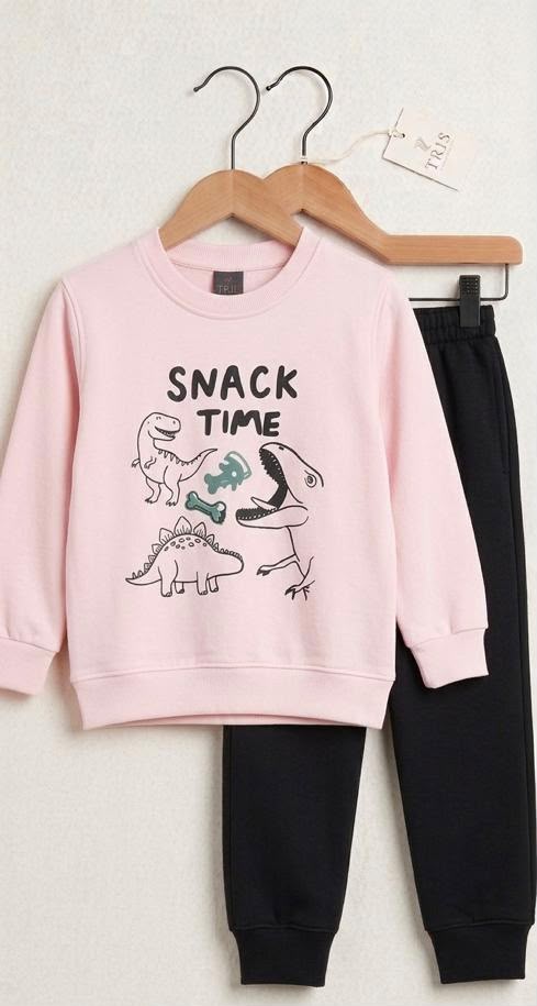 Girls Pink Snack Time Dinosaur Sweatshirt & Black Trouser Set