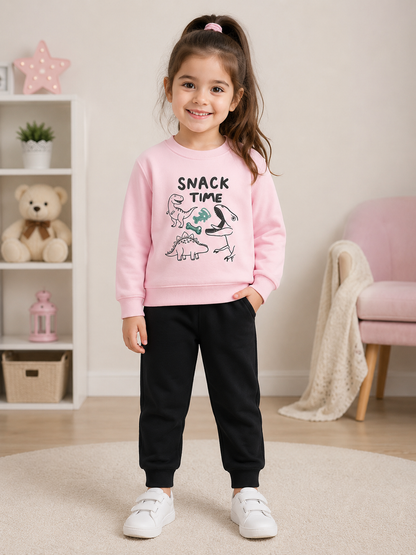 Girls Pink Snack Time Dinosaur Sweatshirt & Black Trouser Set