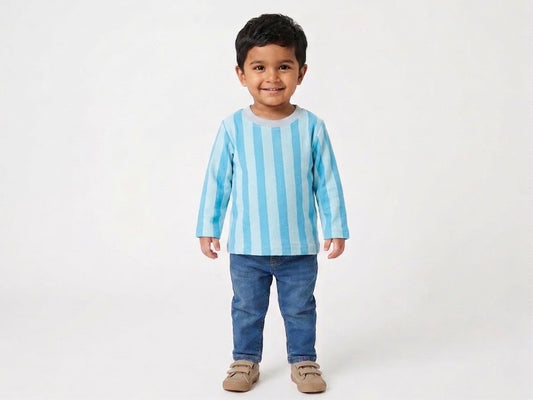 Sky Blue Striped Full-Sleeve Cotton Tee