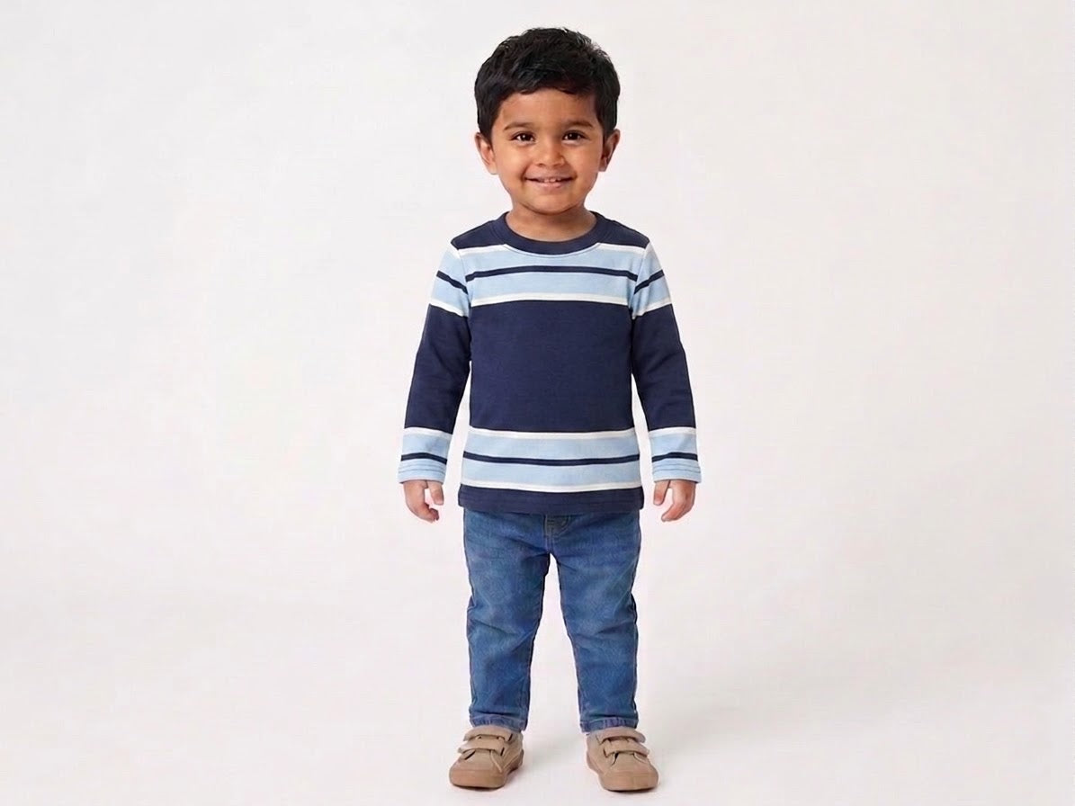Navy & Sky Blue Striped Full-Sleeve Cotton Tee