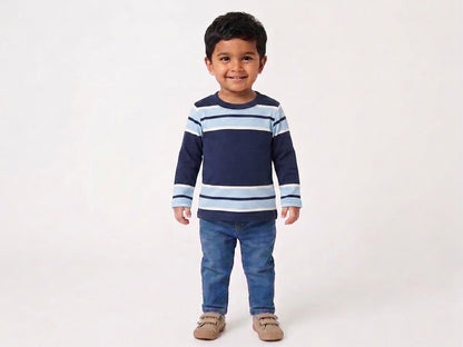 Navy & Sky Blue Striped Full-Sleeve Cotton Tee