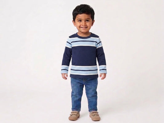 Navy & Sky Blue Striped Full-Sleeve Cotton Tee